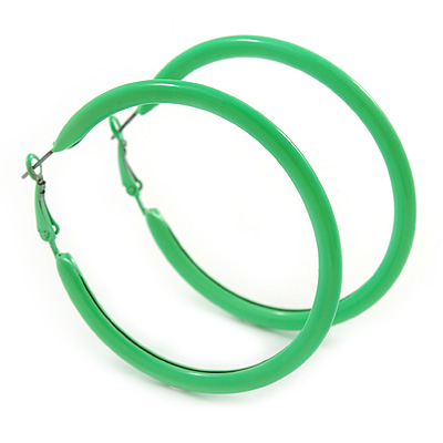 Large Lime Green Enamel Hoop Earrings In Silver Tone - 60mm Diameter - main view