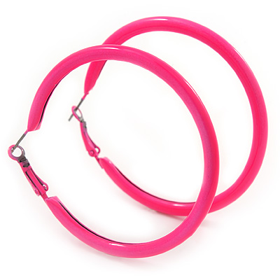Large Neon Pink Enamel Hoop Earrings In Silver Tone - 60mm Diameter - main view