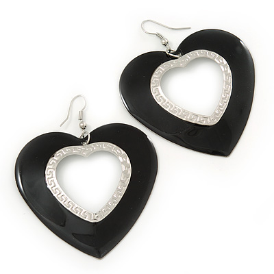 Large Black Enamel 'Heart' Hoop Earrings In Rhodium Plating - 70mm Drop - main view