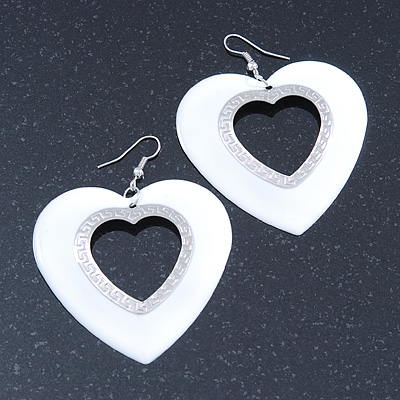 Large White Enamel 'Heart' Hoop Earrings In Rhodium Plating - 70mm Drop - main view