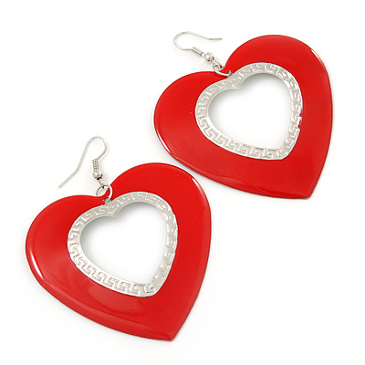 Large Red Enamel 'Heart' Hoop Earrings In Rhodium Plating - 70mm Drop