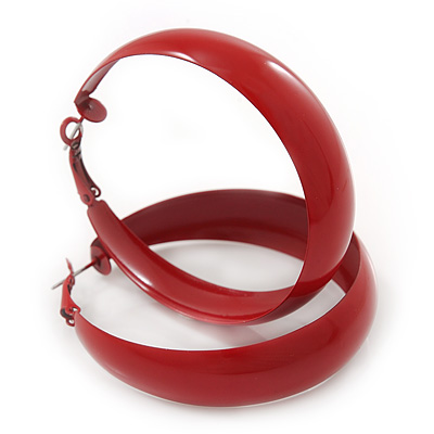 Wide Medium Red Enamel Hoop Earrings - 40mm Diameter