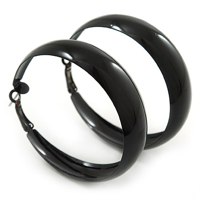 Wide Medium Black Enamel Hoop Earrings - 45mm Diameter - main view