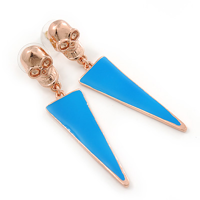 Blue Enamel Triangular Skull Drop Earrings In Gold Plating - 65mm Length - main view
