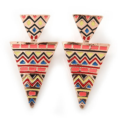 Multicoloured Enamel Geometric Egyptian Style Drop Earrings In Gold Plating - 55mm Length