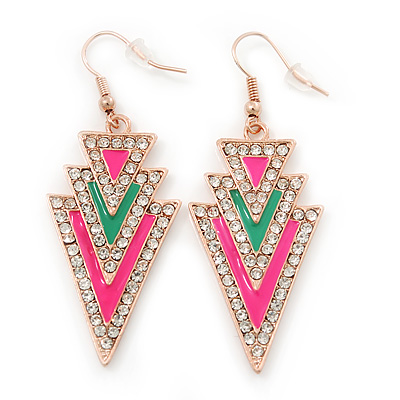 Deep Pink, Green Enamel Crystal Triangular Drop Earrings In Gold Plating - 60mm Length - main view