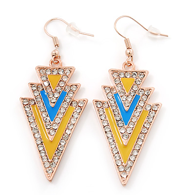 Yellow, Light Blue Enamel Crystal Triangular Drop Earrings In Gold Plating - 60mm Length - main view
