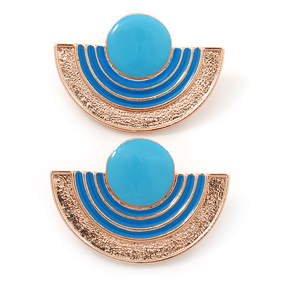 Light Blue Enamel 'Half Moon' Egyptian Style Stud Earrings In Gold Plating - 45mm Width