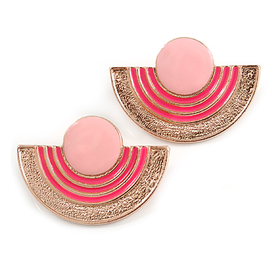Light/ Deep Pink Enamel 'Half Moon' Egyptian Style Stud Earrings In Gold Plating - 45mm Width