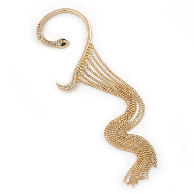 One Piece Gold Tone AB Crystal Snake Long Chain Hook Cuff Earring - 11cm Length - main view