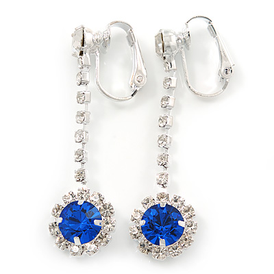 Clear/ Sapphire Blue Crystal Clip-On Drop Earrings In Rhodium Plating - 50mm L - main view