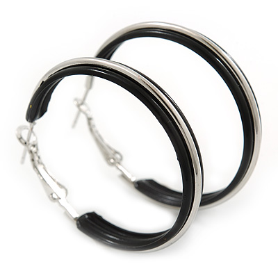 Medium Black Enamel Hoop Earrings In Silver Tone - 40mm Diameter