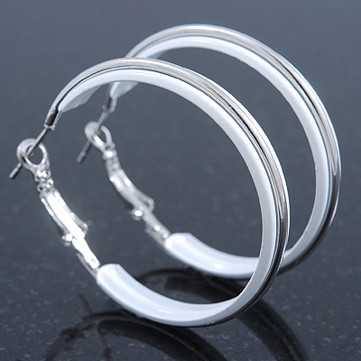 Medium White Enamel Hoop Earrings In Silver Tone - 40mm Diameter