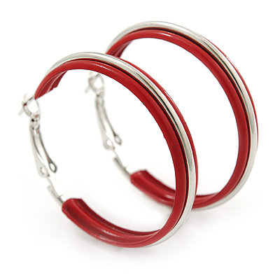 Medium Red Enamel Hoop Earrings In Silver Tone - 40mm Diameter - main view