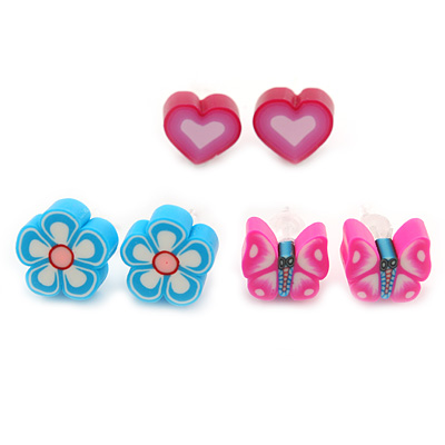 Children's/ Teen's / Kid's Fimo Pink Heart, Light Blue Flower & Pink Butterfly Stud Earrings Set - 10mm Across - main view