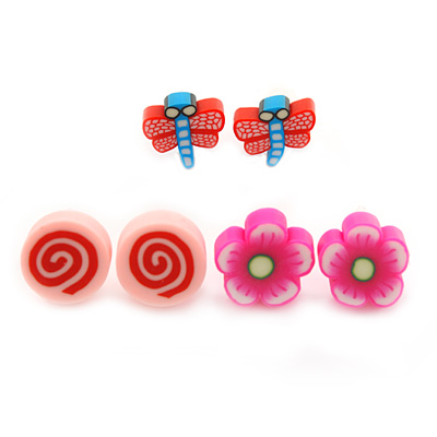 Children's/ Teen's / Kid's Fimo Deep Pink Flower, Pink Candy & Red/Blue Butterfly Stud Earrings Set - 10mm Across - main view