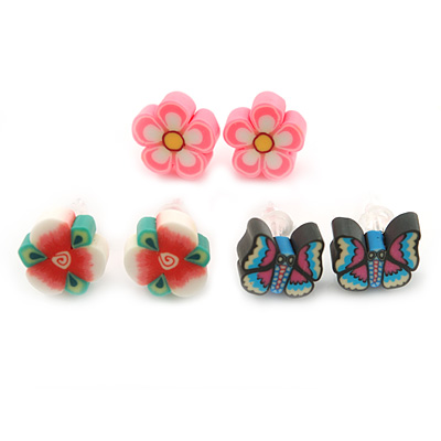 Children's/ Teen's / Kid's Fimo Pink Flower, White/Green Flower & Black/Blue Butterfly Stud Earrings Set - 10mm Across - main view