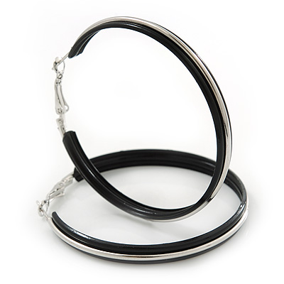 Large Black Enamel Hoop Earrings In Silver Tone - 50mm Diameter - main view