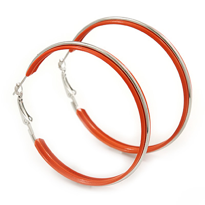 Large Coral Orange Enamel Hoop Earrings In Silver Tone - 60mm Diameter - main view