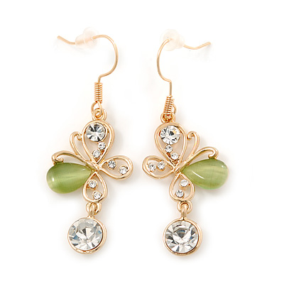 Clear Crystal, Light Green Cat Eye Stone Butterfly Drop Earrings In Gold Plating - 50mm Length - main view