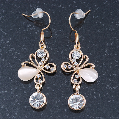 Clear Crystal, Milky White Cat Eye Stone Butterfly Drop Earrings In Gold Plating - 50mm Length - main view