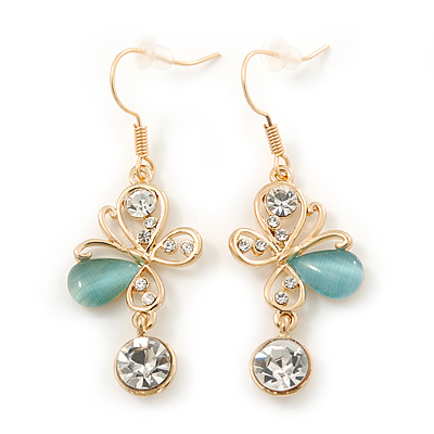 Clear Crystal, Light Blue Cat Eye Stone Butterfly Drop Earrings In Gold Plating - 50mm Length - main view
