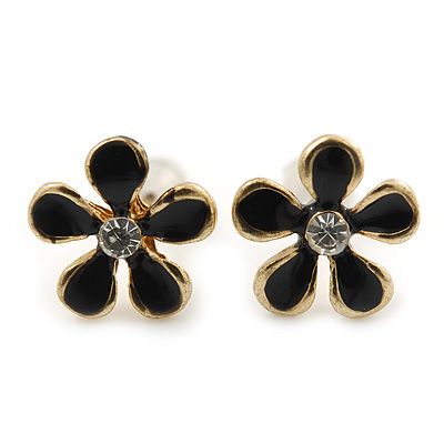 Children's/ Teen's / Kid's Small Black 'Daisy' Floral Stud Earrings In Gold Plating - 10mm Diameter - main view
