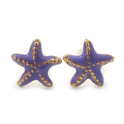 Children's/ Teen's / Kid's Tiny Light Purple Enamel 'Starfish' Stud Earrings In Gold Plating - 8mm Diameter