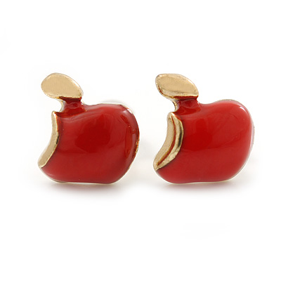 Children's/ Teen's / Kid's Tiny Red Enamel 'Apple' Stud Earrings In Gold Plating - 8mm Length - main view