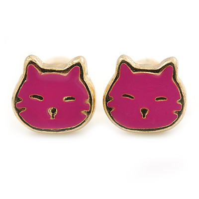 Children's/ Teen's / Kid's Tiny Deep Pink Enamel 'Kitten' Stud Earrings In Gold Plating - 7mm Width