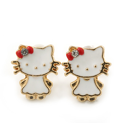 Children's/ Teen's / Kid's Small White Enamel 'Kitty With Red Bow' Stud Earrings In Gold Plating - 11mm Length