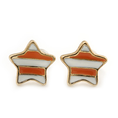 Children's/ Teen's / Kid's Tiny White/ Orange Enamel Stripy 'Star' Stud Earrings In Gold Plating - 8mm Diameter - main view