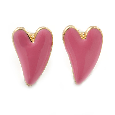 Children's/ Teen's / Kid's Small Baby Pink Enamel 'Heart' Stud Earrings In Gold Plating - 9mm Length - main view