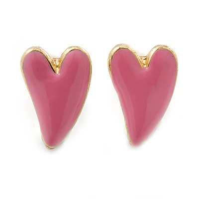 Children's/ Teen's / Kid's Small Baby Pink Enamel 'Heart' Stud Earrings In Gold Plating - 9mm Length