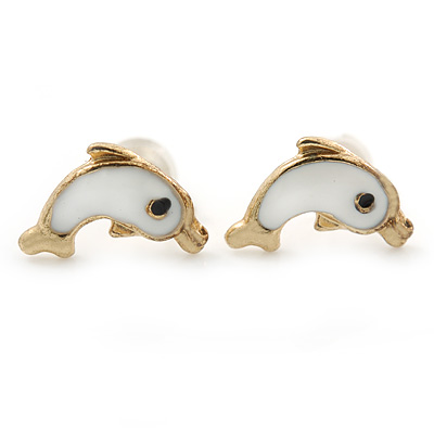 Children's/ Teen's / Kid's Small White Enamel 'Dolphin' Stud Earrings In Gold Plating - 10mm Length