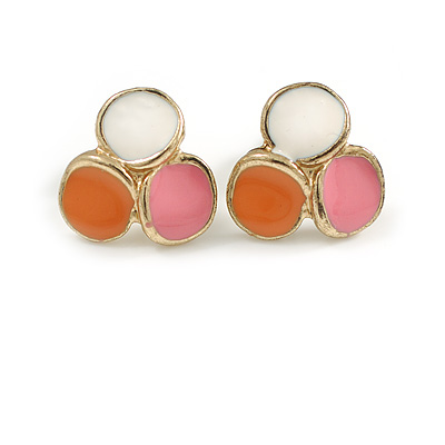 Tiny White/Pink/Orange Enamel Triple Circle Stud Earrings in Gold Tone - 12mm Diameter