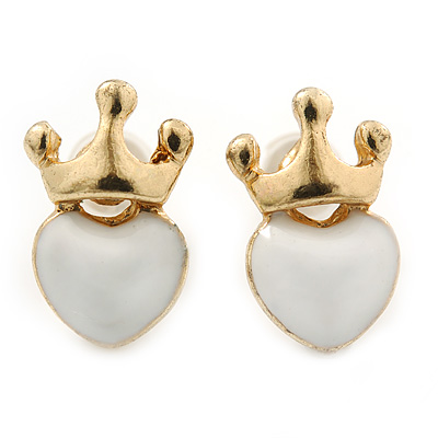 Children's/ Teen's / Kid's Small White Enamel 'Heart In The Crown' Stud Earrings In Gold Plating - 12mm Length - main view