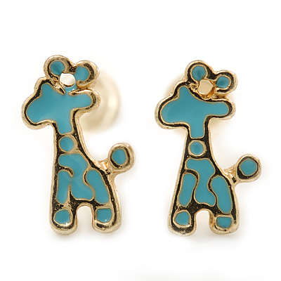 Children's/ Teen's / Kid's Small Light Blue Enamel 'Giraffe' Stud Earrings In Gold Plating - 10mm Length - main view