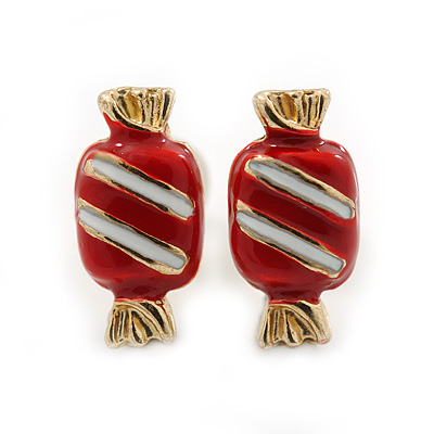 Children's/ Teen's / Kid's Tiny Red/White Enamel 'Candy' Stud Earrings In Gold Plating - 10mm Length - main view