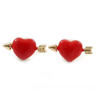 Children's/ Teen's / Kid's Small Red Enamel 'Heart And Arrow' Stud Earrings In Gold Plating - 16mm Width - main view