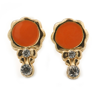 Children's/ Teen's / Kid's Small Coral Enamel, Diamante 'Princess Mirror' Stud Earrings In Gold Plating - 12mm Length - main view