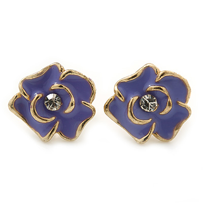 Children's/ Teen's / Kid's Small Purple Enamel 'Flower' Stud Earrings In Gold Plating - 10mm Length - main view