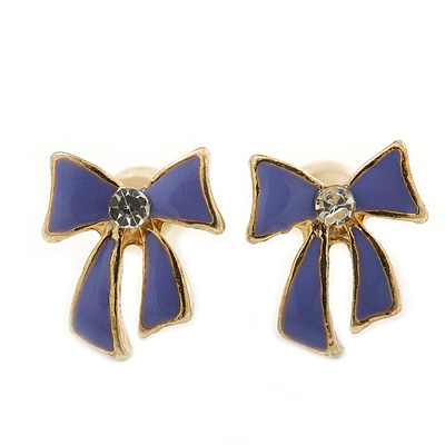 Children's/ Teen's / Kid's Small Purple Enamel 'Bow' Stud Earrings In Gold Plating - 10mm Length - main view