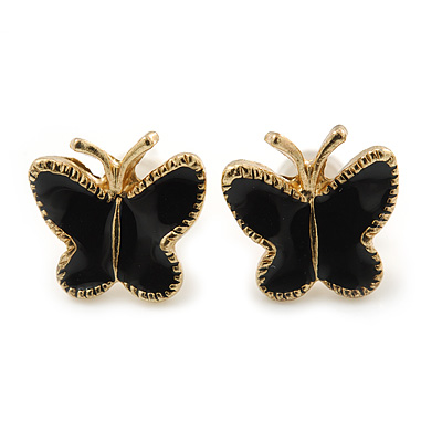 Children's/ Teen's / Kid's Small Black Enamel 'Butterfly' Stud Earrings In Gold Plating - 9mm Length - main view