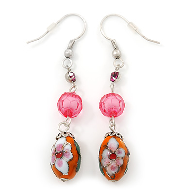 Floral Acrylic Bead Drop Earrings In Silver Tone - 60mm Length - main view