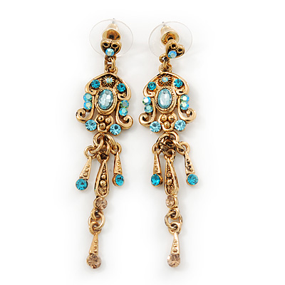 Vintage Inspired Light Blue Diamante Chandelier Earrings In Gold Plating - 65mm Length - main view