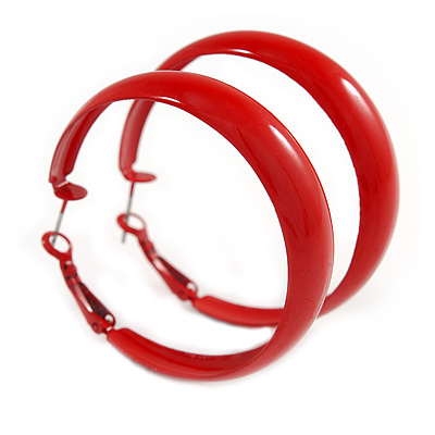Medium Red Enamel Hoop Earrings - 45mm Diameter