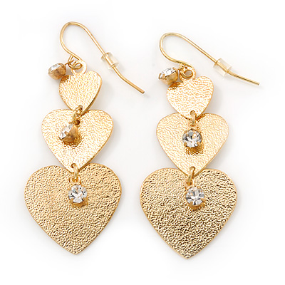 Gold Tone Textured Diamante Triple Heart Drop Earrings - 50mm Length - main view