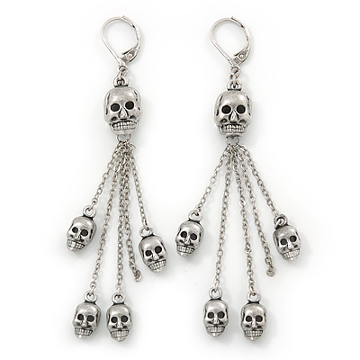 Silver Tone Gothic 'Multi Skull' Chain Dangle With Leverback Closure Earrings - 85mm Length - main view