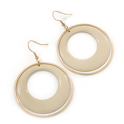 Cream Enamel Double Hoop Earrings In Gold Plating - 70mm Length - main view